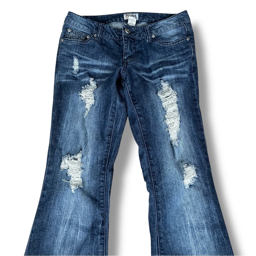 Mudd Dark Blue Distressed Flare Jeans - Picture 3 of 9